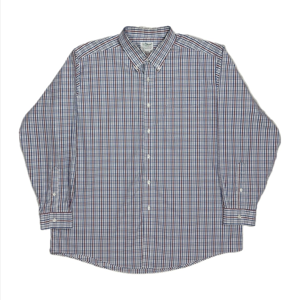 LL Bean trad fit red white blue plaid button down oxford shirt mens 17.5-35 XXL